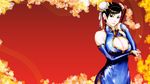  bare_shoulders black_eyes black_hair breasts bridal_gauntlets bun_cover china_dress chinese_clothes chun-li cleavage cleavage_cutout contrapposto curvy detached_sleeves double_bun dress earrings eyeshadow fan fingernails highres huge_breasts jewelry lips lipstick makeup side_slit solo standing street_fighter usatarou wallpaper 