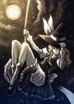  apron bad_id bad_pixiv_id banned_artist blonde_hair bow braid broom buttons flying full_moon hair_bow hair_over_one_eye hand_on_headwear hat kirisame_marisa mary_janes moon night night_sky paseri shoes short_hair side_braid sky socks solo touhou witch_hat yellow_eyes 