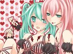  :p aqua_eyes aqua_hair chocolate hatsune_miku long_hair megurine_luka multiple_girls pink_hair smile tongue tongue_out twintails vocaloid yayoi_(egoistic_realism) yuri 