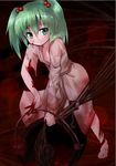  ayagi_daifuku barefoot blood blood_stain bucket green_eyes green_hair hair_bobbles hair_ornament kisume rope smile solo torn_clothes touhou twintails yandere 