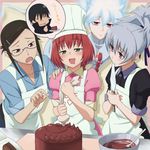  apron black_hair blush braid brown_eyes cake chocolate chocolate_icing closed_eyes darker_than_black drooling eating food glasses green_eyes hair_ornament hairclip heart hei kanna_asuke kirihara_misaki mixing_bowl multiple_girls open_mouth pastry pastry_bag pink_eyes plate red_hair ribbon short_hair silver_hair slice_of_cake suou_pavlichenko thought_bubble yin 