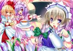  :d adapted_costume apron bat_wings blonde_hair blue_eyes bow braid brooch cup fang flandre_scarlet flower hair_bow hat holding_hands izayoi_sakuya jewelry maid maid_headdress multiple_girls no_hat no_headwear open_mouth outstretched_arm outstretched_hand ponytail purple_hair red_eyes redcomet remilia_scarlet short_hair siblings side_ponytail silver_hair sisters smile tea teacup teapot touhou twin_braids waist_apron wings wrist_cuffs 