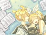  1girl bad_id bad_pixiv_id bass_clef beamed_eighth_notes blonde_hair brother_and_sister clothes_writing detached_sleeves eighth_note hair_ornament hair_ribbon hairclip headphones kagamine_len kagamine_rin mugi_(twinbox) musical_note quarter_note ribbon sheet_music short_hair siblings treble_clef twins vocaloid 