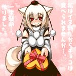  animal_ears box confession cowboy_shot detached_sleeves gift hat heart-shaped_box holding holding_gift incoming_gift inubashiri_momiji looking_at_viewer red_eyes shinobe short_hair solo tail tokin_hat touhou translated valentine white_hair wolf_ears wolf_tail 