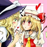  blonde_hair blush braid dress flandre_scarlet green_eyes hat heart kirisame_marisa multiple_girls red_eyes ribbon shindo side_ponytail touhou wings witch_hat 