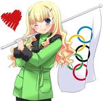  ;) blonde_hair coat copyright_request flag hair_ornament hairclip heart long_hair nakajima_yuka olympic_flag olympic_rings olympics one_eye_closed smile solo white_flag 