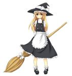  apron bad_id bad_pixiv_id blonde_hair blush bow broom buttons dress full_body hair_ribbon hat highres kazane_mari kirisame_marisa long_hair mary_janes ribbon shoes smile socks solo touhou transparent_background witch witch_hat yellow_eyes 