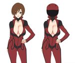  blue_eyes breasts brown_hair cleavage hand_on_hip helmet hirabaru_kenji large_breasts latex lips meiko no_bra short_hair simple_background solo vocaloid 