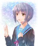  bangs brown_eyes cardigan chobipero hands highres kita_high_school_uniform nagato_yuki purple_hair school_uniform serafuku short_hair solo suzumiya_haruhi_no_yuuutsu 