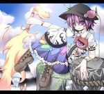  boots cosplay dress food fruit futase_hijiri hat hinanawi_tenshi hinanawi_tenshi_(cosplay) keystone komeiji_satori leaf peach purple_eyes purple_hair rock rope shimenawa sitting solo sword sword_of_hisou touhou weapon 