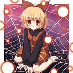  blonde_hair bow brown_eyes danmaku hair_bow kurodani_yamame short_hair silk sitting solo spider_web touhou v_arms wariza yamasan 