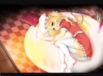  blonde_hair blush book checkered checkered_floor flandre_scarlet hat highres legs lying on_side pillow pillow_hug ponytail red_eyes short_hair side_ponytail solo thighhighs toichi touhou white_legwear wings 