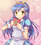  alice_(wonderland) alice_(wonderland)_(cosplay) alice_in_wonderland blue_hair blush box cosplay gift heart-shaped_box holding holding_gift idolmaster idolmaster_(classic) incoming_gift kisaragi_chihaya long_hair ryusei2u solo valentine yellow_eyes 