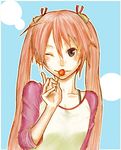  ahoge bad_id bad_pixiv_id bell blush cherry food fruit holding holding_food holding_fruit kagurazaka_asuna kyouno long_hair lowres mahou_sensei_negima! orange_hair raglan_sleeves shirt solo twintails 