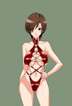  absurdres ass_visible_through_thighs blue_eyes breasts brown_hair cleavage curvy hair_over_one_eye hand_on_hip highres hirabaru_kenji large_breasts lips meiko sagging_breasts short_hair simple_background solo swimsuit vocaloid 