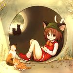  against_wall animal_ears brown_eyes brown_hair calico cat cat_ears cat_tail chen culvert eijima_moko hat multiple_tails short_hair sitting solo tabby_cat tail touhou tunnel 
