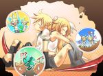  1girl ? blonde_hair brother_and_sister detached_sleeves kagamine_len kagamine_rin nao_(flake) o_o short_hair shorts siblings snake surprised twins vocaloid |_| 