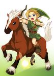  arrow bad_id bad_pixiv_id blonde_hair blue_eyes bow_(weapon) drawing_bow epona fairy hat holding holding_arrow holding_bow_(weapon) holding_weapon horse horseback_riding koga_(pasuka) left-handed link male_focus pointy_ears riding solo the_legend_of_zelda the_legend_of_zelda:_majora's_mask the_legend_of_zelda:_ocarina_of_time weapon young_link 