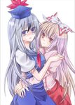  bad_id bad_pixiv_id blue_eyes blush fujiwara_no_mokou hair_ribbon hat hug kamishirasawa_keine long_hair multiple_girls open_mouth red_eyes ribbon short_sleeves silver_hair simple_background staring touching touhou yuri yuta_(ricochetsmain) 