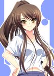  alternate_hairstyle bangs blush brown_hair collarbone gym_shirt hands_on_hips long_hair midriff parted_bangs ponytail shiny shiny_hair shirt smile solo suzumiya_haruhi suzumiya_haruhi_no_shoushitsu suzumiya_haruhi_no_yuuutsu t-shirt tsurime upper_body very_long_hair yellow_eyes yukizuki_chikuba 