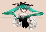  aqua_eyes aqua_hair bad_id bad_pixiv_id bare_shoulders bow cake corow elbow_gloves flower food gloves hair_bow hair_flower hair_ornament hair_ribbon hatsune_miku long_hair pastry plate ribbon smile solo twintails valentine very_long_hair vocaloid 
