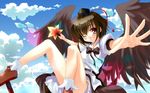  black_wings blush bobby_socks brown_hair cloud convenient_leg day fan foreshortening geta grin hat hauchiwa highres looking_at_viewer outstretched_arm outstretched_hand panties red_eyes redcomet ribbon shameimaru_aya shoes skirt sky smile socks solo tengu-geta tokin_hat touhou underwear wallpaper wings 