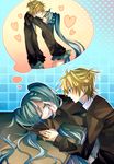  1girl blonde_hair blue_eyes blush dreaming green_hair hatsune_miku kagamine_len long_hair school_uniform short_hair sleeping tsukioka_tsukiho very_long_hair vocaloid 