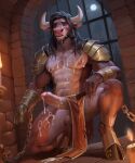 abs absurd_res anthro armor beard big_penis black_hair bodily_fluids body_hair bottomwear bottomwear_aside bovid bovine bracers brown_body brown_fur bulge cattle chained_up chest_hair clothing clothing_aside cloven_hooves cum cum_drip cum_on_chest cum_on_face cum_on_own_chest cum_on_own_face cum_on_self detailed_bulge dripping facial_hair foreskin front_view full_moon fur genital_fluids genital_outline genitals gloves hair handwear hi_res hooves horn humanoid_genitalia humanoid_penis inside loincloth loincloth_aside long_hair male mammal manly moon muscular muscular_anthro muscular_male pauldron pecs penis penis_outline prison prisoner scar shirtless_male solo tagonkrat