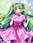  1girl :d animal_ears artist_name black_choker black_ribbon blush bow breasts candy cat_ears choker clover_print commentary commission dress eating english_commentary fake_animal_ears food food_print green_background hair_bow hand_on_own_chest hands_up heart heart_print highres holding holding_candy holding_food holding_lollipop inset_border lollipop long_hair looking_at_viewer medium_breasts open_mouth original petticoat pink_bow pink_dress pink_eyes puffy_short_sleeves puffy_sleeves purple_background raised_eyebrows ribbon ribbon_choker sasucchi95 saturated shirt short_sleeves simple_background smile solo swirl_lollipop teeth tongue tongue_out two_side_up upper_body upper_teeth_only very_long_hair watermark white_shirt 