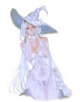  1girl breasts choker cleavage closed_mouth collarbone commentary covered_navel dress english_commentary hands_on_own_face hat highres long_hair looking_at_viewer original s7nsles simple_background solo white_background white_choker white_dress white_hair witch witch_hat yellow_eyes 