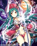  breasts cleavage elbow_gloves gloves green_hair hat highres holding holding_sword holding_weapon lakuhito large_breasts long_hair moon navel original solo sword thighhighs weapon white_gloves 