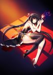  ara_han asymmetrical_legwear backless_dress backless_outfit bad_id bad_pixiv_id black_hair black_legwear breasts bug butterfly dress elsword high_heels highres indoors insect long_hair looking_at_viewer lying medium_breasts on_side orange_eyes parted_lips sideboob solo thighhighs twintails very_long_hair yama_raja_(elsword) 