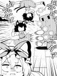  2girls animal_ear_fluff animal_ears artist_name azumanga_daioh bow bowtie cat_ears cat_tail chen closed_mouth commentary_request cosplay earrings futa_(nabezoko) greyscale hat hat_ribbon highres jewelry juliet_sleeves long_hair long_sleeves medium_hair mihama_chiyo&#039;s_father mob_cap monochrome multiple_girls multiple_tails nekomata no_eyes open_mouth puffy_sleeves punching ribbon shirt shoes single_earring skirt socks sweat tail touhou translation_request two_tails very_long_hair vest watermark yakumo_ran yakumo_ran_(cosplay) yakumo_yukari 