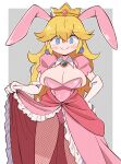  1girl animal_ears aqua_background ass_visible_through_thighs blonde_hair blue_eyes blush border breasts cleavage closed_mouth clothes_lift commentary_request crown detached_collar dress dress_lift earrings fake_animal_ears fishnet_pantyhose fishnets furrowed_brow grey_background hand_on_own_hip highleg highleg_leotard highres jewelry kurachi_mizuki large_breasts leotard long_hair looking_at_viewer mario_(series) outside_border pantyhose playboy_bunny princess_peach rabbit_ears smile solo sphere_earrings standing white_border 