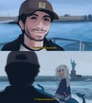  1boy 1girl artist_name baseball_cap black_eyes black_hair black_shirt blue_eyes blue_hair blue_hoodie blurry blush brown_hat depth_of_field english_text facial_hair fins fish_tail gawr_gura hat highres holding holding_polearm holding_weapon hololive hololive_english hood hood_down hoodie layered_shirt long_hair long_sleeves looking_at_another marvel multicolored_hair multiple_views ocean outdoors polearm print_headwear railing shark_girl shark_tail sharp_teeth shirt short_hair sony&#039;s_spider-man_universe spider-man_(series) statue_of_liberty straight_hair streaked_hair tail teeth trident two-tone_hair upper_body venom:_the_last_dance vinesauce vinny_(vinesauce) weapon white_hair white_hoodie white_shirt yoako 