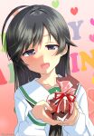  1girl ahoge black_eyes black_hair black_neckerchief blouse candy chocolate commentary english_text food gift gift_bag girls_und_panzer half-closed_eyes happy_new_year heart heart-shaped_chocolate heart-shaped_food highres holding holding_gift isuzu_hana konachiri long_hair long_sleeves looking_back neckerchief ooarai_school_uniform open_mouth sailor_collar school_uniform serafuku shirt smile solo text_background twitter_username upper_body valentine white_sailor_collar white_shirt 