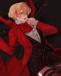 1boy alternate_costume alternate_ears alternate_eye_color alternate_hair_color bed_sheet bishounen black_background black_garter_straps black_shorts black_vest blonde_hair blood blood_splatter bow bowtie coat collared_shirt commentary e5ere7l english_commentary fingernails frilled_sleeves frills garter_straps hair_between_eyes highres limbus_company lying male_focus multicolored_hair mystical_high_collar on_back open_clothes open_coat project_moon red_bow red_bowtie red_coat red_eyes red_nails red_streaks sharp_fingernails sharp_teeth shirt shorts simple_background sinclair_(project_moon) streaked_hair striped_clothes striped_thighhighs tearing_up teeth thigh_peek thighhighs three_quarter_view tongue vampire vest white_shirt wiping_mouth 