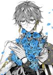 1boy blue_flower blue_rose closed_mouth earrings eyewear_strap falling_petals fishnet_gloves fishnets flower glasses gloves hair_between_eyes highres ike_eveland ike_eveland_(1st_costume) jewelry light_smile long_sleeves male_focus nijisanji nijisanji_en partially_colored petals quilldren_(ike_eveland) rose signature simple_background solo tcb upper_body virtual_youtuber white_background 