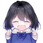  1girl absurdres ahoge benghuai_xueyuan black_hair blue_bow blue_bowtie blue_shirt blush bow bowtie clenched_hands closed_eyes commentary_request facing_viewer hands_up highres honkai_(series) li_mama long_sleeves multicolored_hair open_mouth purple_hair sailor_collar seele_vollerei shirt simple_background sleeves_past_wrists solo tears two-tone_hair white_background white_sailor_collar 