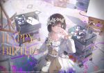  1girl absurdres apron braid brown_apron brown_eyes brown_hair canvas_(object) chinese_commentary closed_mouth collar collarbone commentary_request copyright_notice daffodil dress dress_flower empty_picture_frame english_text feet_out_of_frame flower flower_wreath frilled_dress frilled_sleeves frills gradient_clothes gradient_dress grey_dress guest_art hair_ornament hand_up happy_birthday head_wreath highres holding holding_paintbrush long_dress long_sleeves looking_at_viewer mitasarenai_pale_color_(project_sekai) official_alternate_costume official_art one_eye_closed paint paint_palette paint_splatter paint_splatter_on_face paint_stains paint_tube paintbrush picture_frame project_sekai puffy_long_sleeves puffy_sleeves purple_dress rotarran second-party_source shinonome_ena short_hair side_braid sidelighting smile solo tile_floor tiles white_collar white_flower wiping_face 