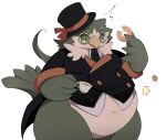 anthro avian belly bird bottomless bottomless_anthro bottomless_male clothed clothing container cup dessert doughnut eyewear food formal_clothing glasses hat headgear headwear male mochitig navel overweight owl pastry solo tea_cup top_hat