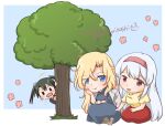  3girls artist_name blonde_hair blue_dress blue_eyes dress grey_jacket hairband highres hornet_(jal)_(kancolle) hornet_(kancolle) jacket jacket_on_shoulders kantai_collection long_hair multiple_girls official_alternate_costume orikoshi_shino red_eyes red_hairband red_skirt shoukaku_(jal)_(kancolle) shoukaku_(kancolle) skirt sweater tree white_hair yellow_sweater zuikaku_(jal)_(kancolle) zuikaku_(kancolle) 