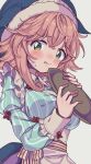  1girl blue_hat blue_shirt blush commentary_request green_eyes hat highres holding holding_tray juliet_sleeves long_sleeves okunoda_miyoi pink_hair puffy_sleeves satomachi shirt solo touhou tray upper_body whale_hat 