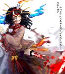  1other absurdres androgynous ascot black_hair blood blue_fire brown_kimono candle_on_head crying fake_horns fangs fire hairband highres holding holding_sword holding_weapon horns japanese_clothes kimono len'en mouth_hold otogisum3 red_eyes red_hairband red_ribbon ribbon solo sword taira_no_chouki translation_request weapon white_background 