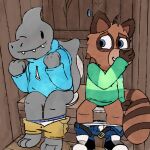 anthro barefoot belt blue_eyes blush bottomwear bottomwear_down butt canid canine clothed clothing covering_nose danfitz29 danny_tanuki duo feet fish fist footwear hoodie implied_scat male mammal marine open_belt pants pants_around_ankles pants_down partially_clothed pooping potty_time raccoon_dog shark shoes sitting_on_toilet tanuki toilet toilet_paper toilet_use topwear underwear