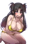  1girl absurdres bikini black_hair blush bow_(bhp) breasts cleavage commentary_request crossed_arms gold_bikini highres huge_breasts large_breasts long_hair looking_at_viewer lower_teeth_only mole mole_under_eye open_mouth original parted_bangs red_eyes red_hair simple_background sitting solo swimsuit teeth two_side_up white_background 