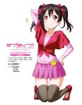  absurdres black_hair black_legwear bow casual copyright_name hair_bow hand_in_hair hand_on_hip highres kneeling long_hair love_live! love_live!_school_idol_project marugoshi_teppei pink_skirt red_bow red_eyes shirt simple_background skirt solo thighhighs tied_shirt twintails white_background yazawa_nico 