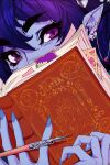  blue_nails blue_skin book colored_skin critical_role deerlordhunter dungeons_&amp;_dragons earrings green_hood jester_lavorre jewelry nib_pen_(object) official_art pen pointy_ears purple_eyes tiefling 
