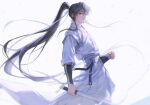 1boy absurdres black_hair chinese_clothes cowboy_shot grey_eyes hair_ribbon hand_on_sheath hanfu high_ponytail highres holding holding_sword holding_weapon jigam jinhongi long_hair long_sleeves looking_at_viewer male_focus pants parted_lips ponytail ribbon sash seol_young sheath solo sword tassel weapon white_hanfu white_pants white_ribbon white_sash yaopei zhijupao 