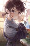  1girl absurdres aubeart blush brown_hair canvas_(object) collared_shirt colorful_festival_(project_sekai) easel grey_shirt highres holding holding_paint_palette holding_paintbrush jacket looking_at_viewer muntins off_shoulder official_alternate_costume official_alternate_hairstyle open_collar paint_on_clothes paint_palette paintbrush pinstripe_pattern pinstripe_shirt ponytail project_sekai purple_jacket shinonome_ena shirt short_ponytail solo wooden_floor 